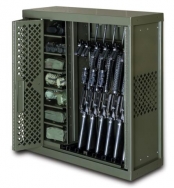 gun rack with heavy duty cart designed to hold weapons and equipment of various sizes