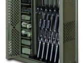 gun rack with heavy duty cart designed to hold weapons and equipment of various sizes